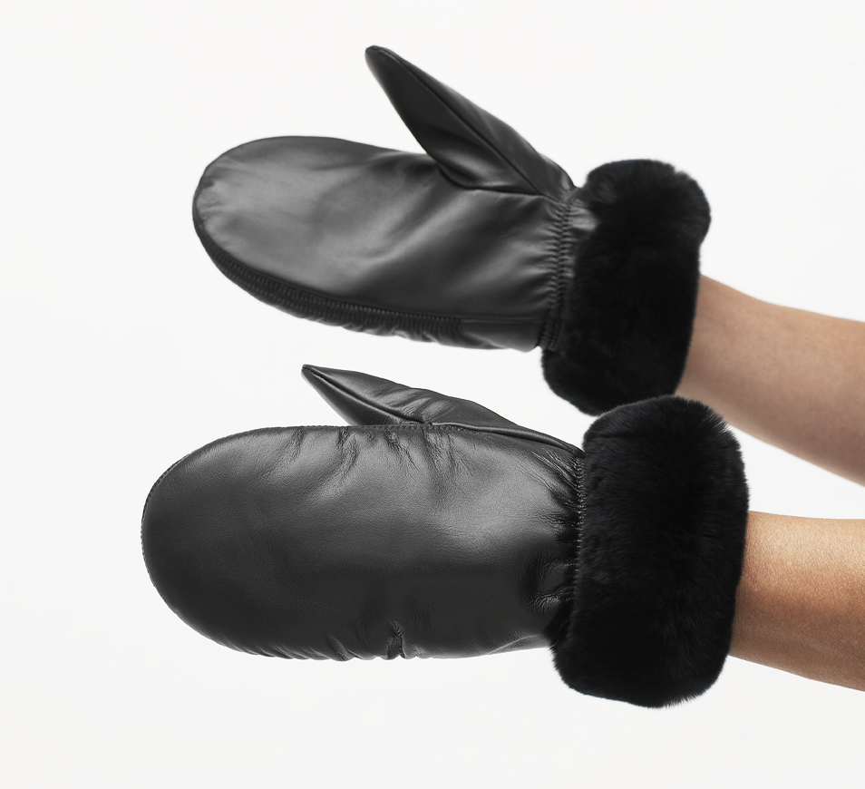 Luffer i skind og imiteret kanin.